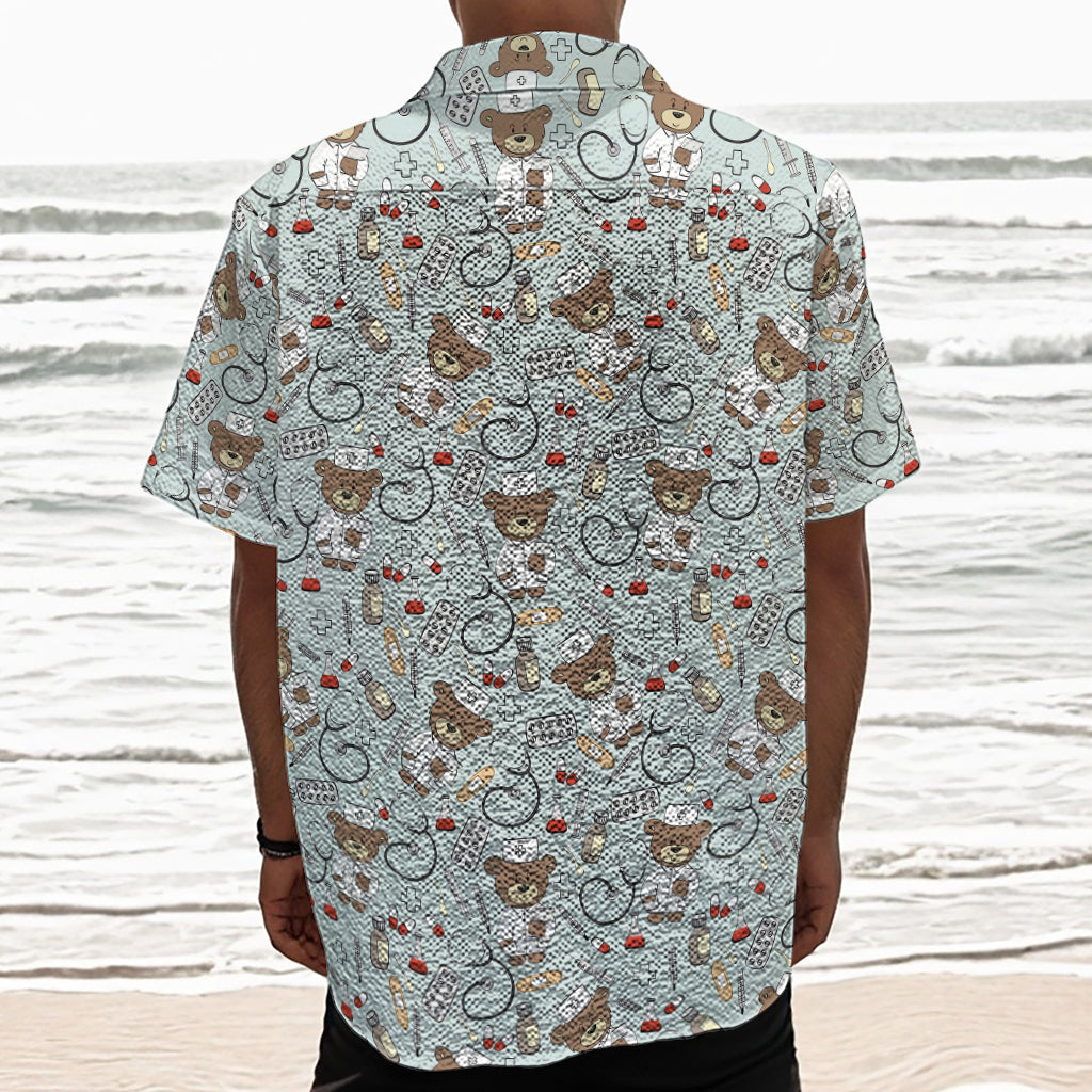 Teddy Bear Doctor Pattern Print Textured Short Sleeve Shirt