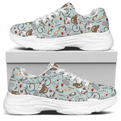 Teddy Bear Doctor Pattern Print White Chunky Shoes