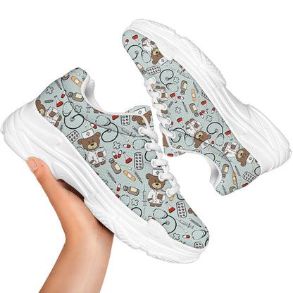 Teddy Bear Doctor Pattern Print White Chunky Shoes