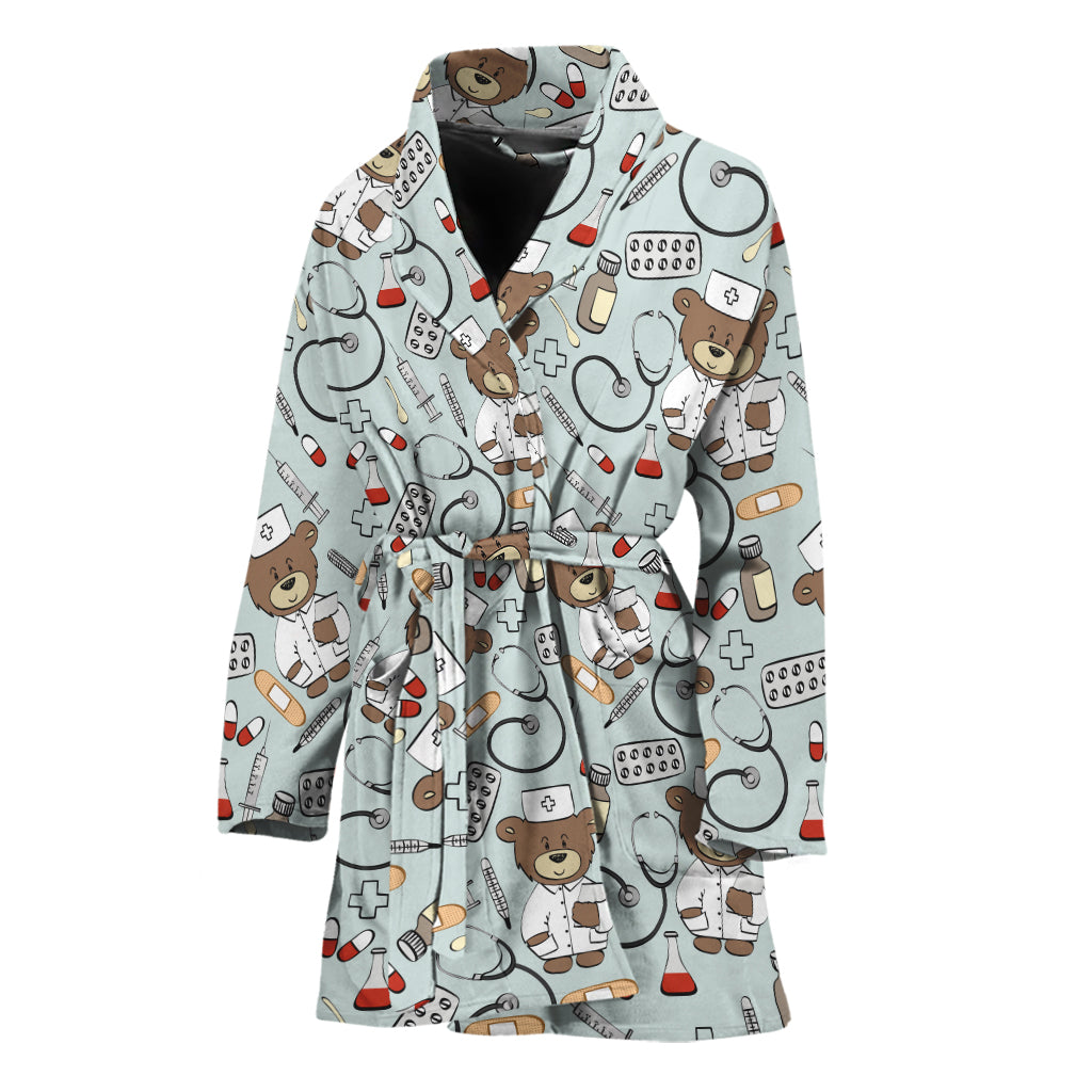 Teddy Bear Doctor Pattern Print Women's Bathrobe