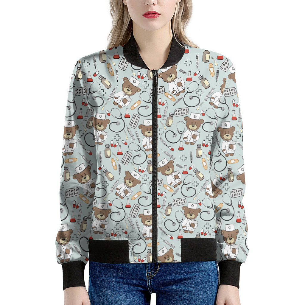 Teddy Bear Doctor Pattern Print Women's Bomber Jacket