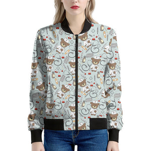 Teddy Bear Doctor Pattern Print Women's Bomber Jacket