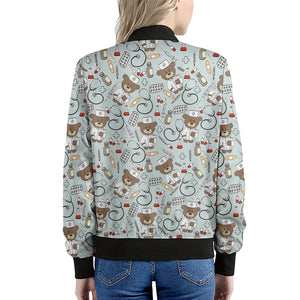 Teddy Bear Doctor Pattern Print Women's Bomber Jacket