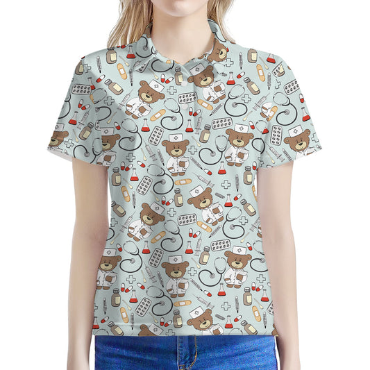 Teddy Bear Doctor Pattern Print Women's Polo Shirt