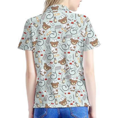 Teddy Bear Doctor Pattern Print Women's Polo Shirt
