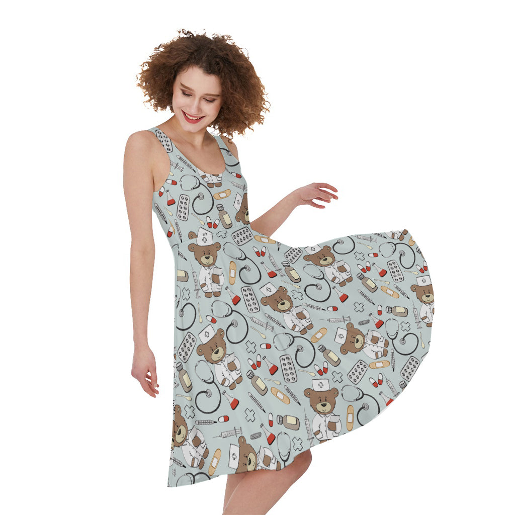 Teddy Bear Doctor Pattern Print Women's Sleeveless Dress