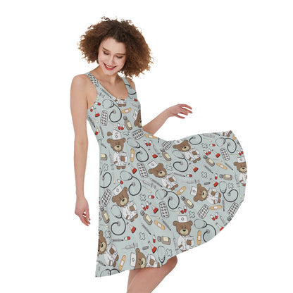 Teddy Bear Doctor Pattern Print Women's Sleeveless Dress