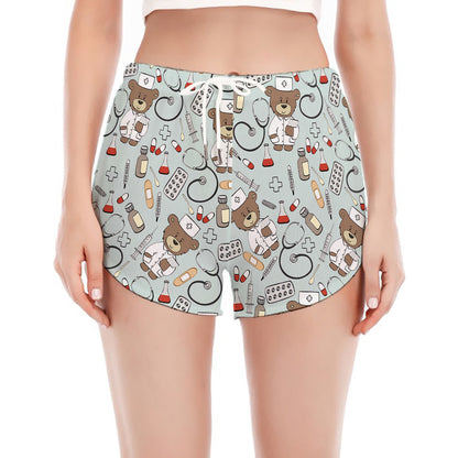 Teddy Bear Doctor Pattern Print Women's Split Running Shorts