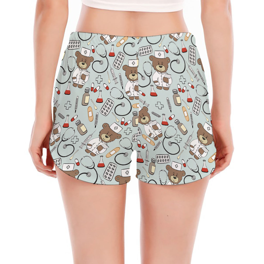 Teddy Bear Doctor Pattern Print Women's Split Running Shorts
