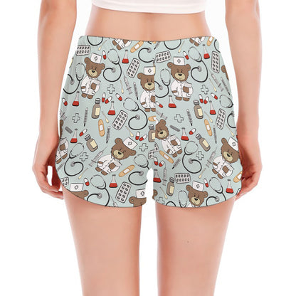 Teddy Bear Doctor Pattern Print Women's Split Running Shorts