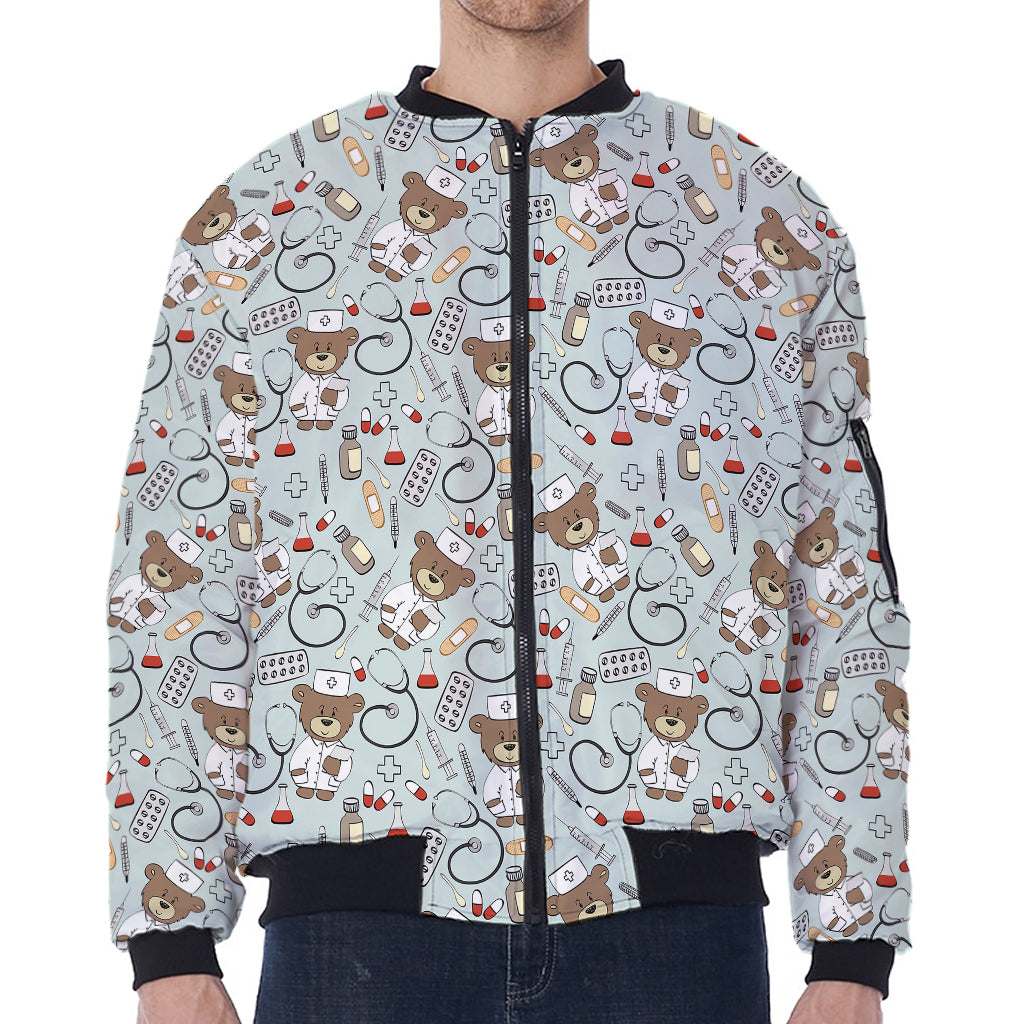Teddy Bear Doctor Pattern Print Zip Sleeve Bomber Jacket