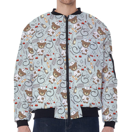 Teddy Bear Doctor Pattern Print Zip Sleeve Bomber Jacket