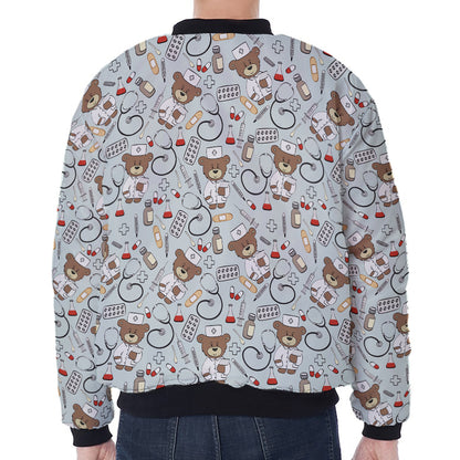 Teddy Bear Doctor Pattern Print Zip Sleeve Bomber Jacket
