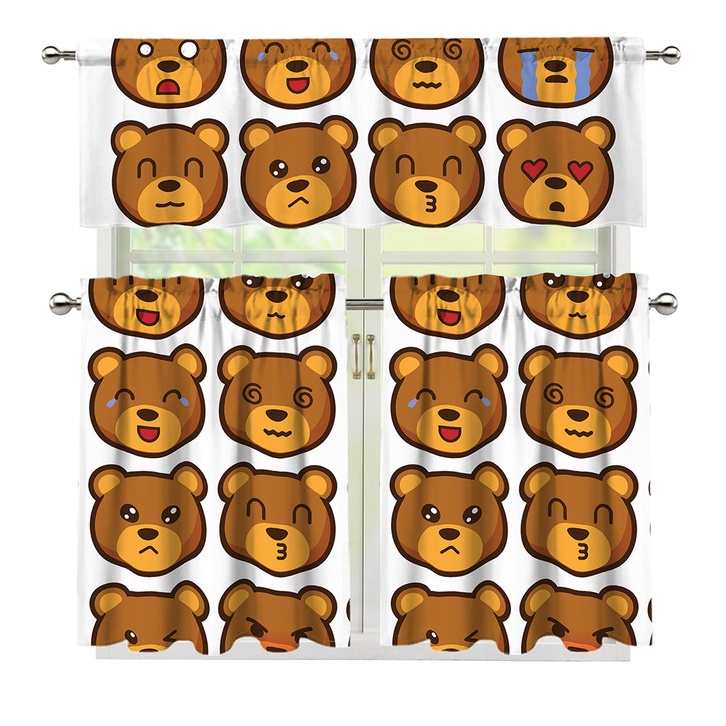 Teddy Bear Emoji Print 3 Piece Kitchen Curtains