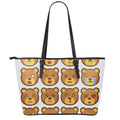 Teddy Bear Emoji Print Leather Tote Bag With Zipper