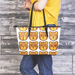 Teddy Bear Emoji Print Leather Tote Bag