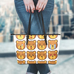 Teddy Bear Emoji Print Leather Tote Bag