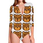 Teddy Bear Emoji Print Long Sleeve Swimsuit