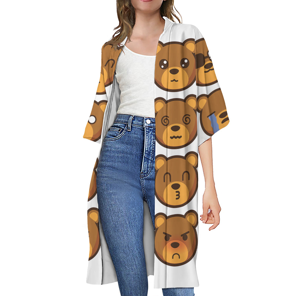 Teddy Bear Emoji Print Open Front Beach Cover Up