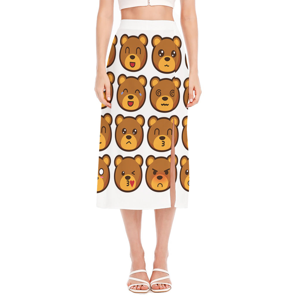 Teddy Bear Emoji Print Side Slit Midi Skirt