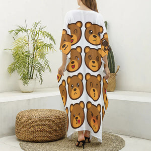 Teddy Bear Emoji Print Silk V-Neck Kaftan Dress