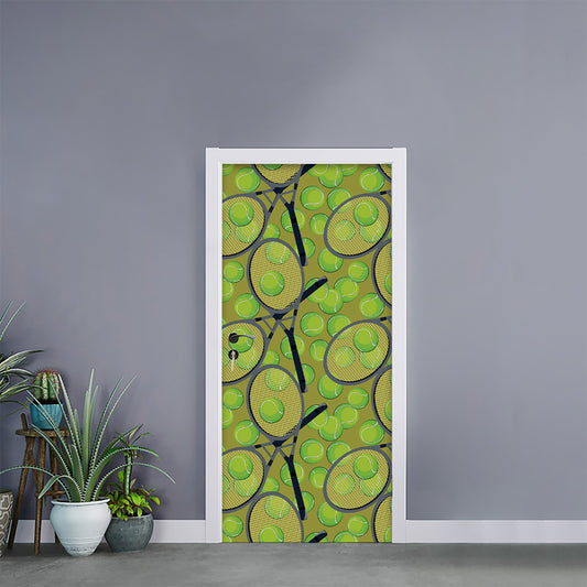 Tennis Ball And Racket Pattern Print Door Sticker