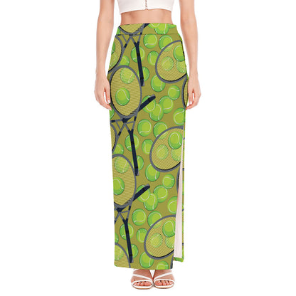 Tennis Ball And Racket Pattern Print High Slit Maxi Skirt