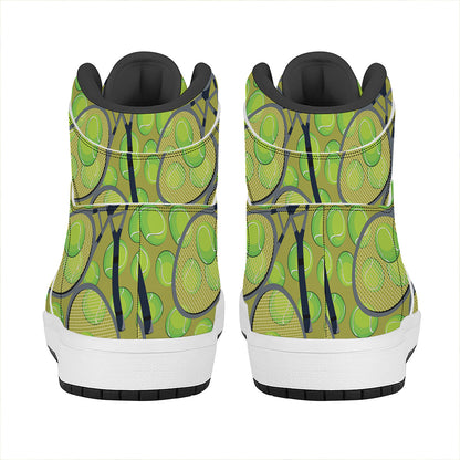 Tennis Ball And Racket Pattern Print High Top Leather Sneakers