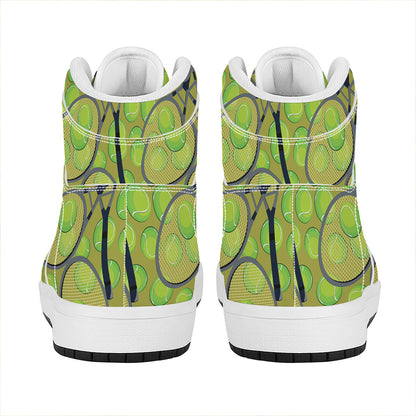 Tennis Ball And Racket Pattern Print High Top Leather Sneakers