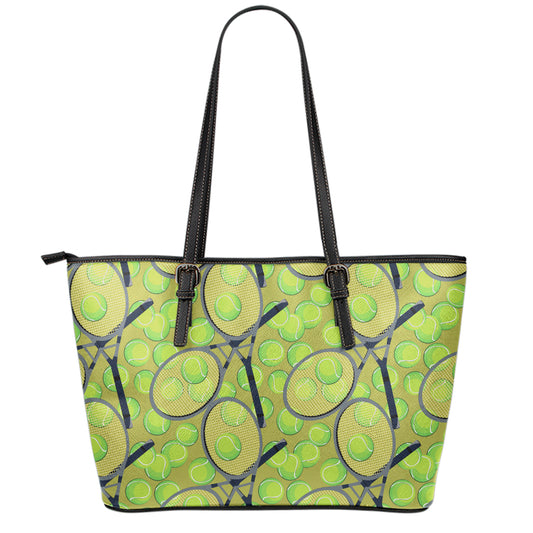 Tennis Ball And Racket Pattern Print Leather Tote Bag