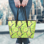 Tennis Ball And Racket Pattern Print Leather Tote Bag