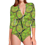 Tennis Ball And Racket Pattern Print Long Sleeve Swimsuit