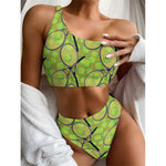 Tennis Ball And Racket Pattern Print One Shoulder Bikini Top
