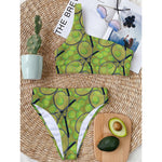 Tennis Ball And Racket Pattern Print One Shoulder Bikini Top