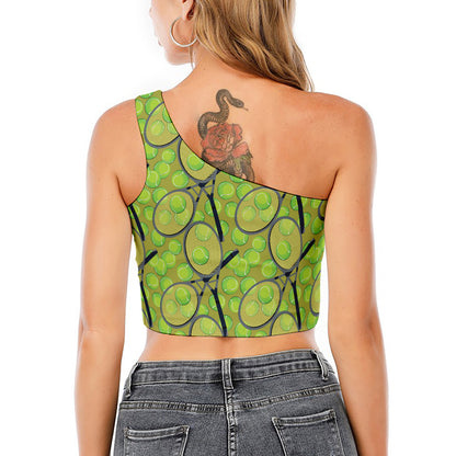 Tennis Ball And Racket Pattern Print One Shoulder Crop Top