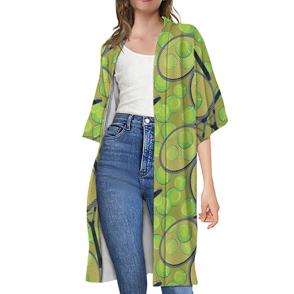 Tennis Ball And Racket Pattern Print Open Front Beach Cover Up
