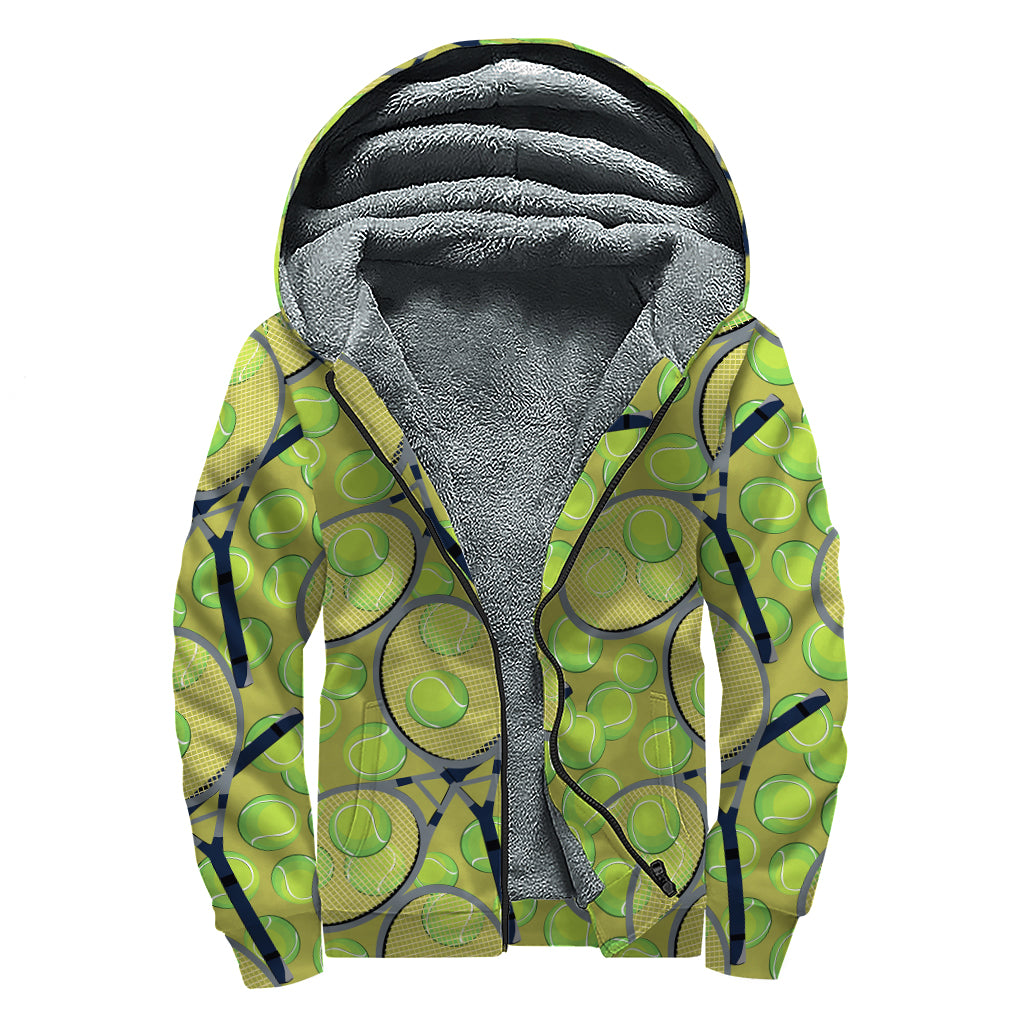 Tennis Ball And Racket Pattern Print Sherpa Lined Zip Up Hoodie