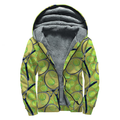 Tennis Ball And Racket Pattern Print Sherpa Lined Zip Up Hoodie