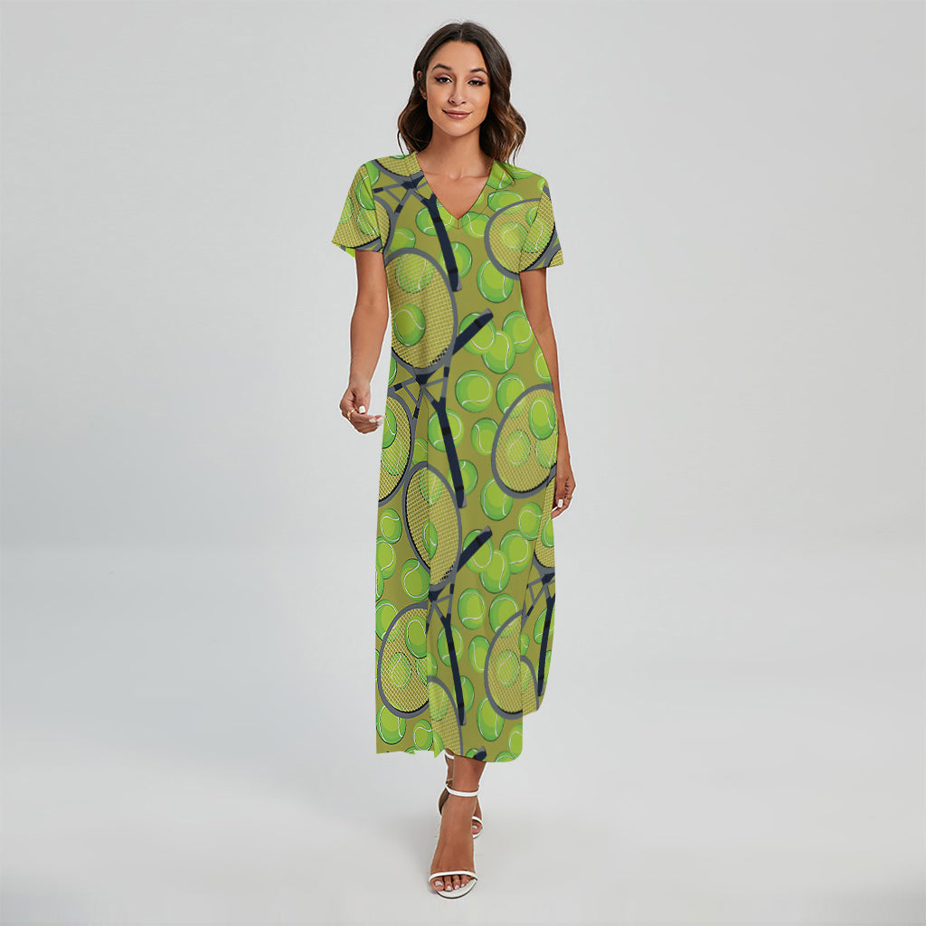 Tennis Ball And Racket Pattern Print Short Sleeve Maxi Dress