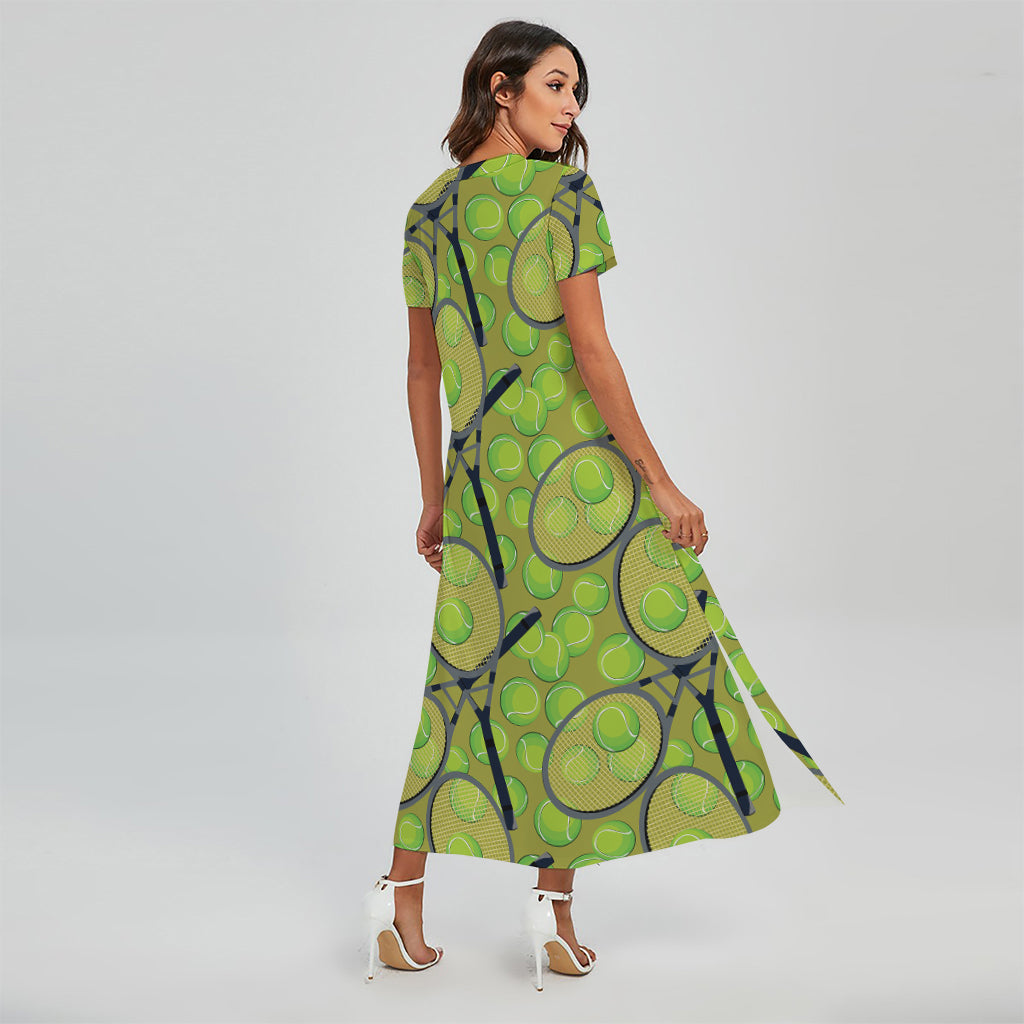 Tennis Ball And Racket Pattern Print Short Sleeve Maxi Dress
