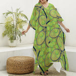 Tennis Ball And Racket Pattern Print Silk V-Neck Kaftan Dress