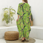 Tennis Ball And Racket Pattern Print Silk V-Neck Kaftan Dress