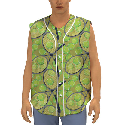 Tennis Ball And Racket Pattern Print Sleeveless Baseball Jersey