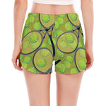 Tennis Ball And Racket Pattern Print Women's Split Running Shorts