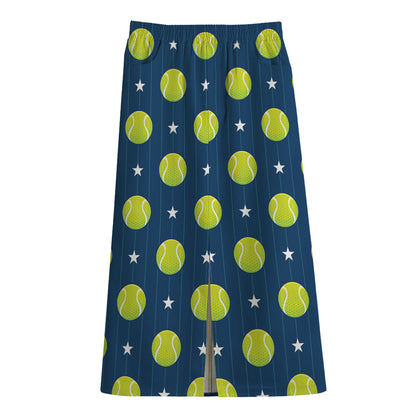 Tennis Sport Pattern Print Cotton Front Slit Maxi Skirt