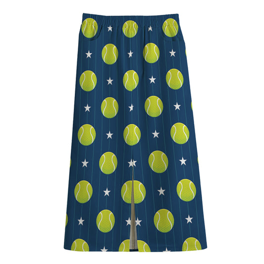 Tennis Sport Pattern Print Cotton Front Slit Maxi Skirt