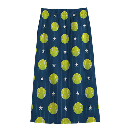 Tennis Sport Pattern Print Cotton Front Slit Maxi Skirt
