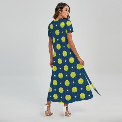 Tennis Sport Pattern Print Short Sleeve Maxi Dress