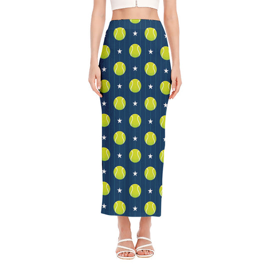 Tennis Sport Pattern Print Side Slit Maxi Skirt