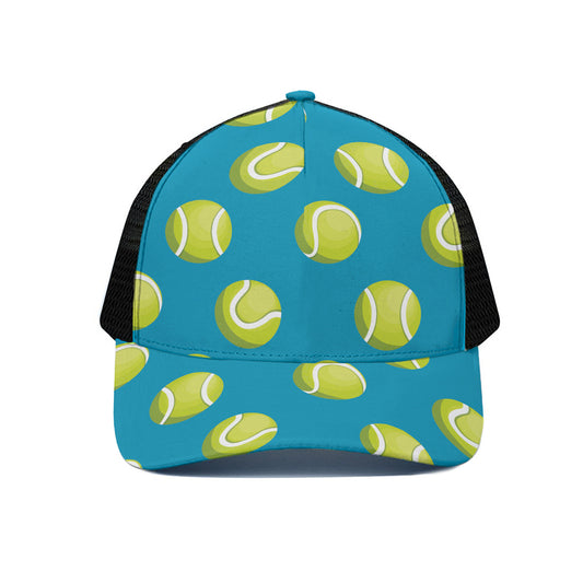 Tennis Theme Pattern Print Black Mesh Trucker Cap